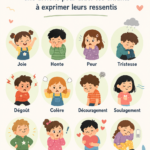 Affiche colorée illustrant les émotions pour aider les enfants à s'exprimer.