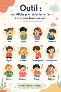 Affiche colorée illustrant les émotions pour aider les enfants à s'exprimer.