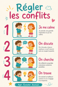 Affiche colorée de gestion des conflits pour enfants affichée sur un mur