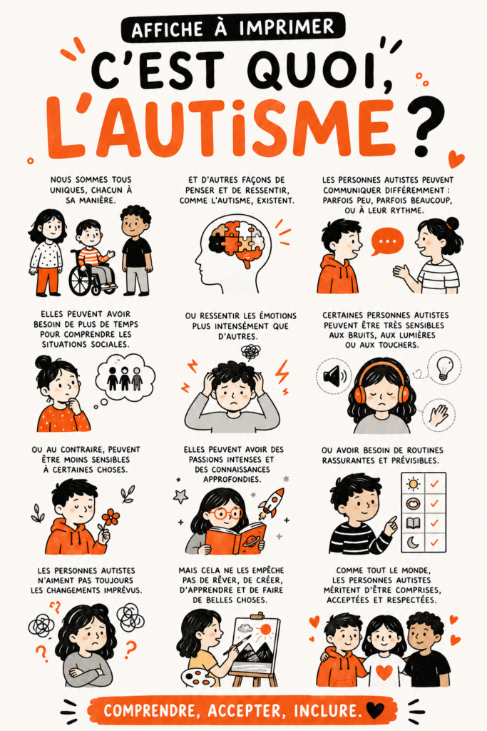 Affiche informative sur l'autisme, illustrée et facile à comprendre.