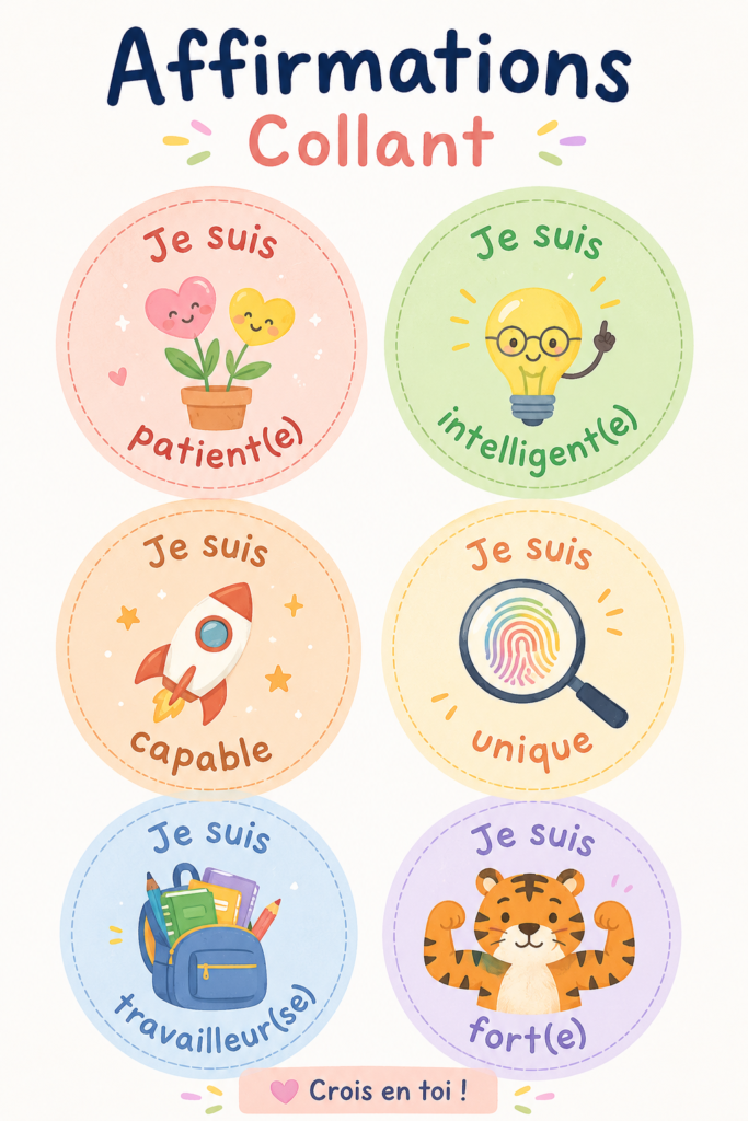 Un enfant appliquant des collants d'affirmations positives sur un mur coloré.