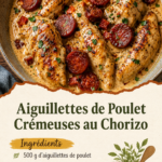 Aiguillettes de poulet crémeuses accompagnées de chorizo dans une poêle.