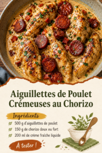 Aiguillettes de poulet crémeuses accompagnées de chorizo dans une poêle.