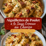 Aiguillettes de poulet et sauce crémeuse au chorizo sur une assiette élégante.