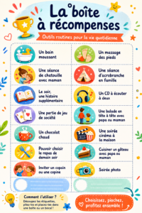 Une boîte à récompenses colorée avec des étiquettes et des jouets à l'intérieur, représentant une méthode de motivation pour les enfants.