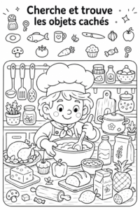 Un enfant joyeux cherchant des objets cachés à la maison, ambiance de jeu familial.