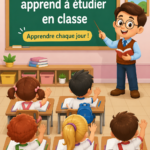 Cartoon d'un enfant en train d'étudier en classe, illustrant une scène éducative