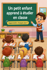 Cartoon d'un enfant en train d'étudier en classe, illustrant une scène éducative