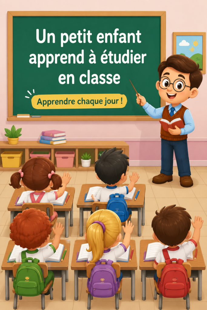 Cartoon d'un enfant en train d'étudier en classe, illustrant une scène éducative