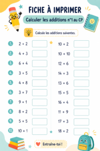 Fiches d'exercice sur les additions pour le CP, avec des illustrations stimulantes.