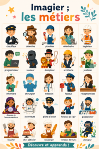 Un imagier illustratif présentant divers métiers et leurs caractéristiques.