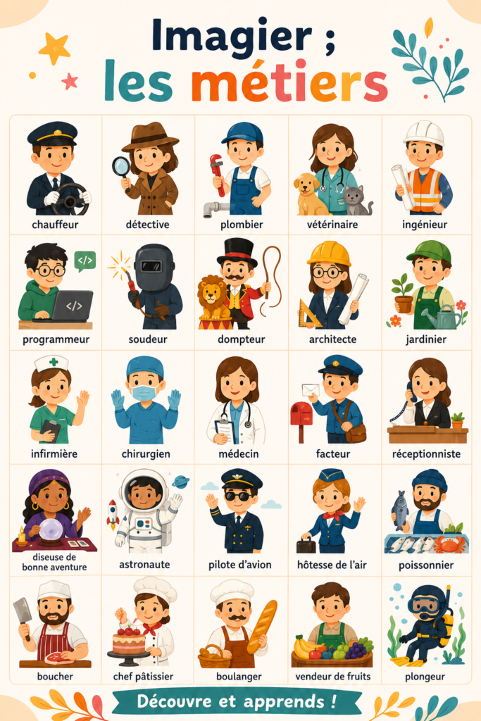 Un imagier illustratif présentant divers métiers et leurs caractéristiques.