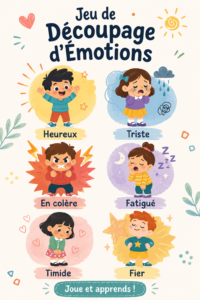 Un jeu de découpage coloré représentant des émotions, avec des ciseaux et des papiers découpés autour.