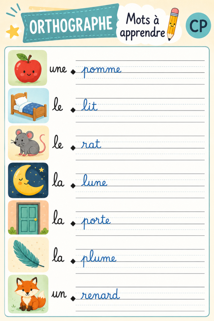 Un enfant en train d'apprendre les mots clés pour le CP avec un livre éducatif.