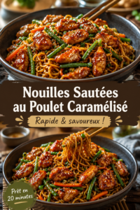 Assiette de nouilles sautées au poulet caramélisé avec légumes colorés