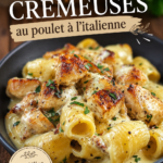 Assiette de pâtes crémeuses au poulet à l'italienne, garnie de parmesan et de basilic.