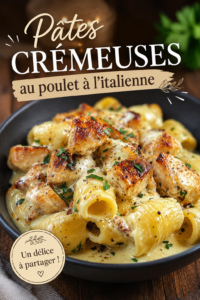 Assiette de pâtes crémeuses au poulet à l'italienne, garnie de parmesan et de basilic.