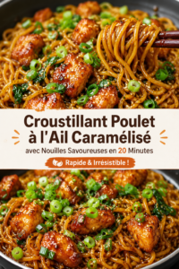 Poulet caramélisé à l'ail sur un lit de nouilles savoureuses