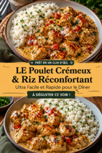 Recette de poulet crémeux avec du riz, prête sur une table familiale.