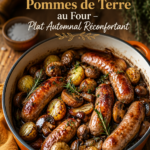 Plat de saucisses et champignons cuit au four, servi avec des pommes de terre dorées.