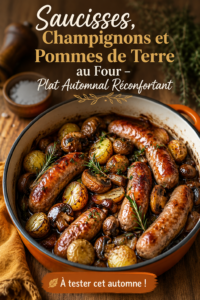 Plat de saucisses et champignons cuit au four, servi avec des pommes de terre dorées.