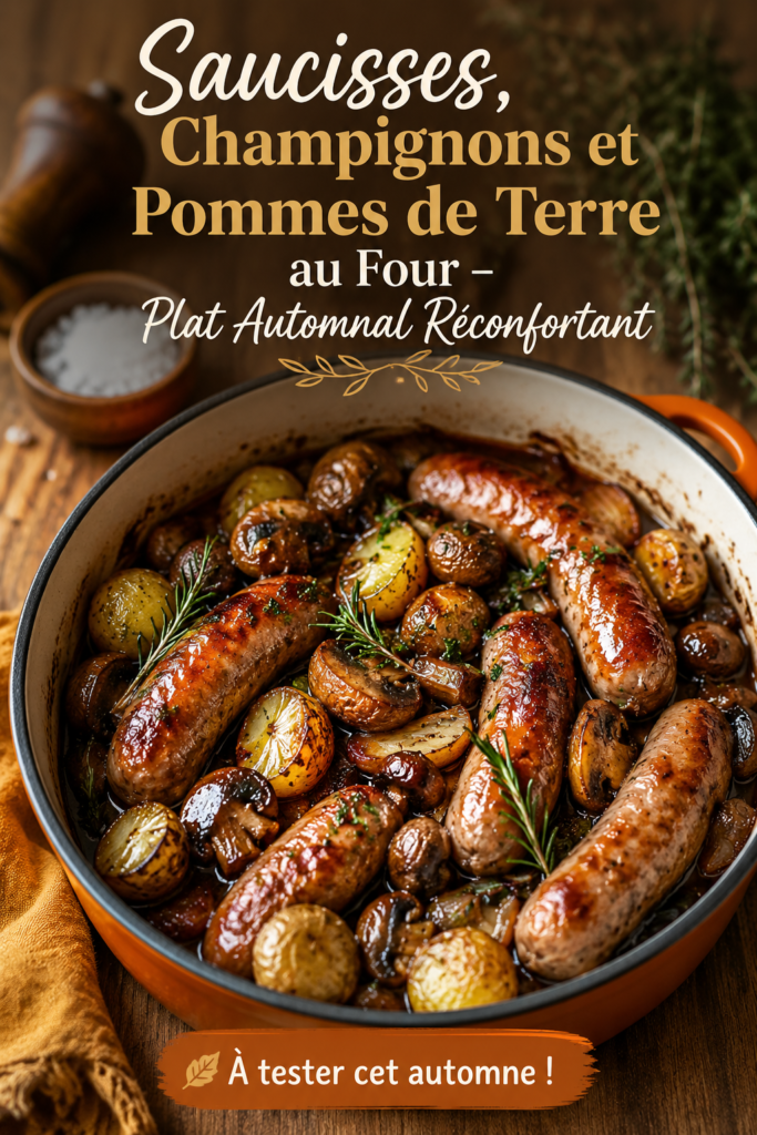 Plat de saucisses et champignons cuit au four, servi avec des pommes de terre dorées.