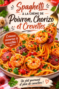 Assiette de spaghetti crémeux au poivron, chorizo et crevettes, garnie de parmesan