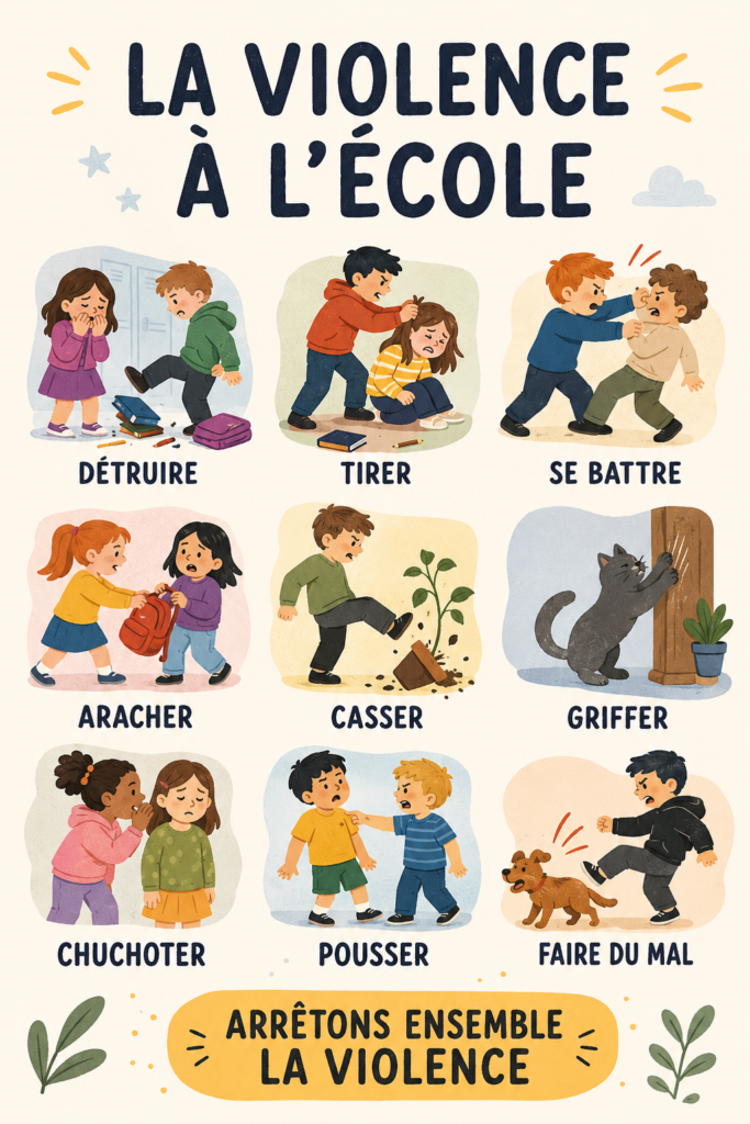 Enfants discutant dans la cour de récréation, symbolisant un environnement scolaire bienveillant.