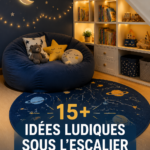 Aire de jeux ludique et fonctionnelle sous un escalier, avec des jouets colorés et un décor enfantin.