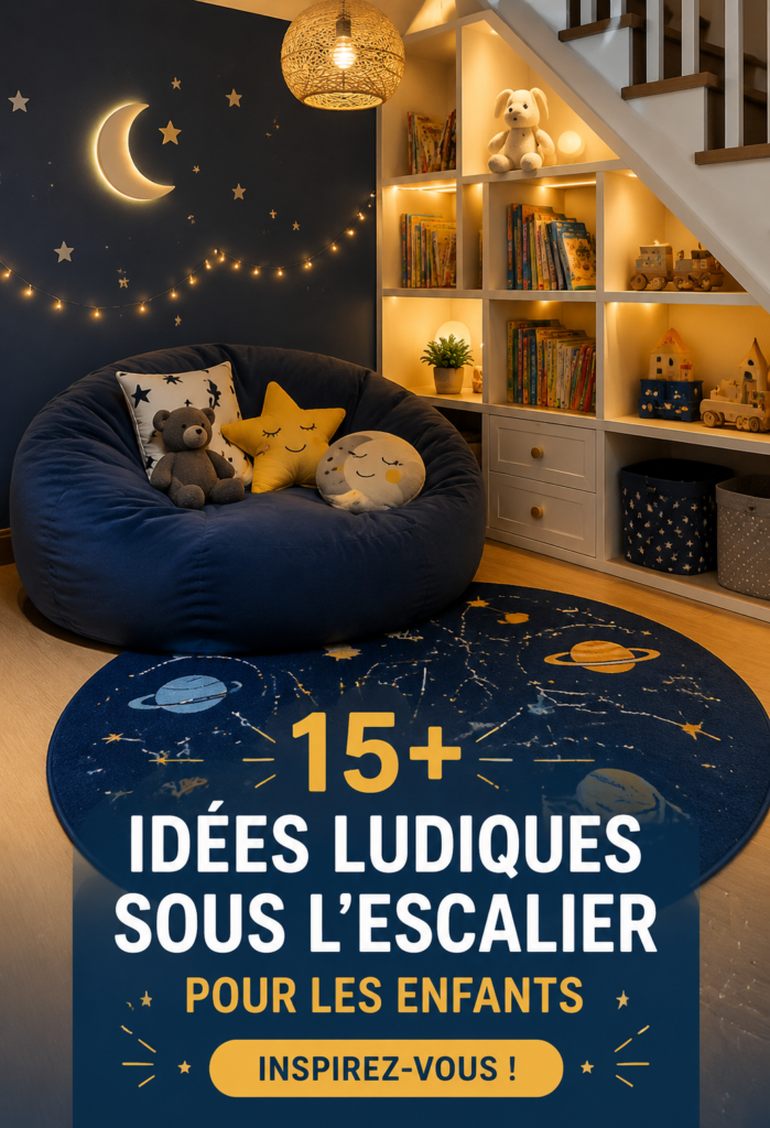 Aire de jeux ludique et fonctionnelle sous un escalier, avec des jouets colorés et un décor enfantin.