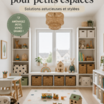 Chambre d'enfant aménagée de manière stylée et pratique dans un petit espace, avec des couleurs douces et un rangement optimisé