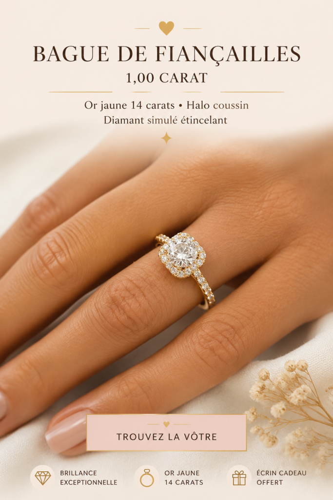 Bague de fiançailles en or jaune avec diamant simulé en halo, présentée sur un fond neutre.