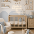 Chambre de bébé garçon décorée avec des couleurs douces et des accessoires en peluche