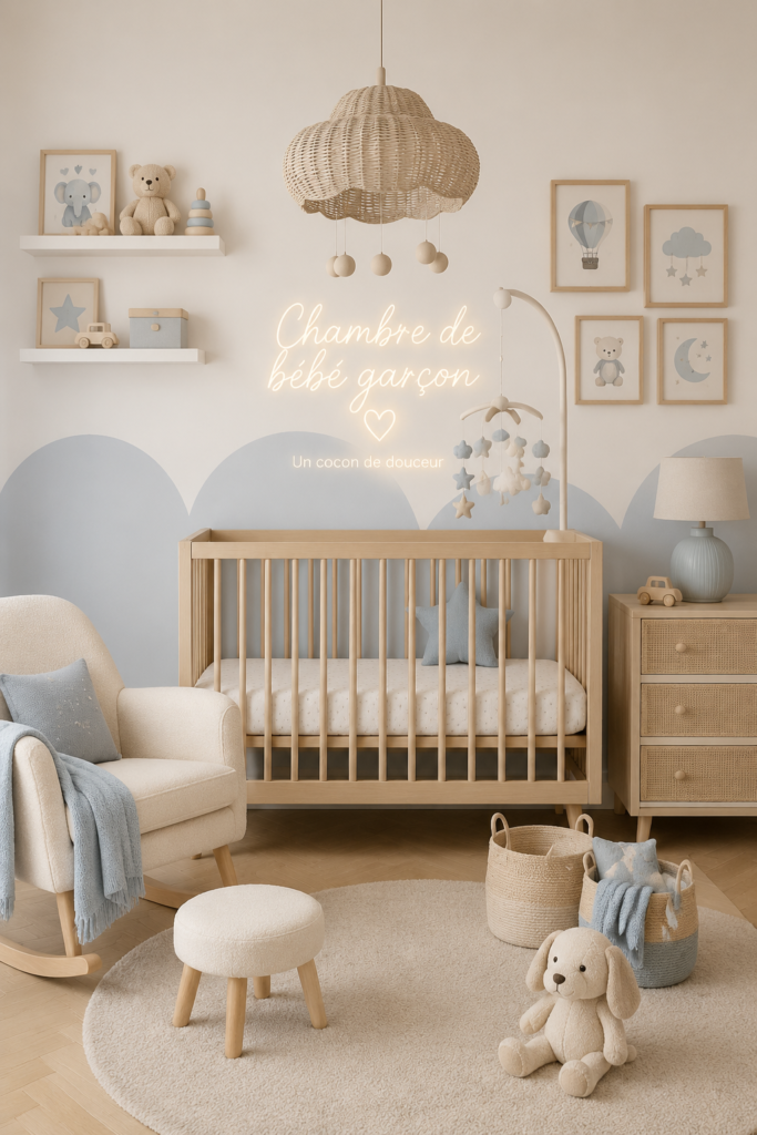 Chambre de bébé garçon décorée avec des couleurs douces et des accessoires en peluche
