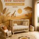 Chambre bébé décorée sur le thème savane avec des murs beige et des accessoires animaliers