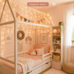 Chambre de fille décorée avec des couleurs douces et des éléments pratiques.