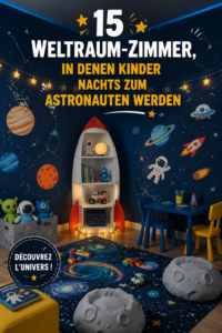Une chambre d'enfant décorée sur le thème de l'espace avec des étoiles et des planètes.