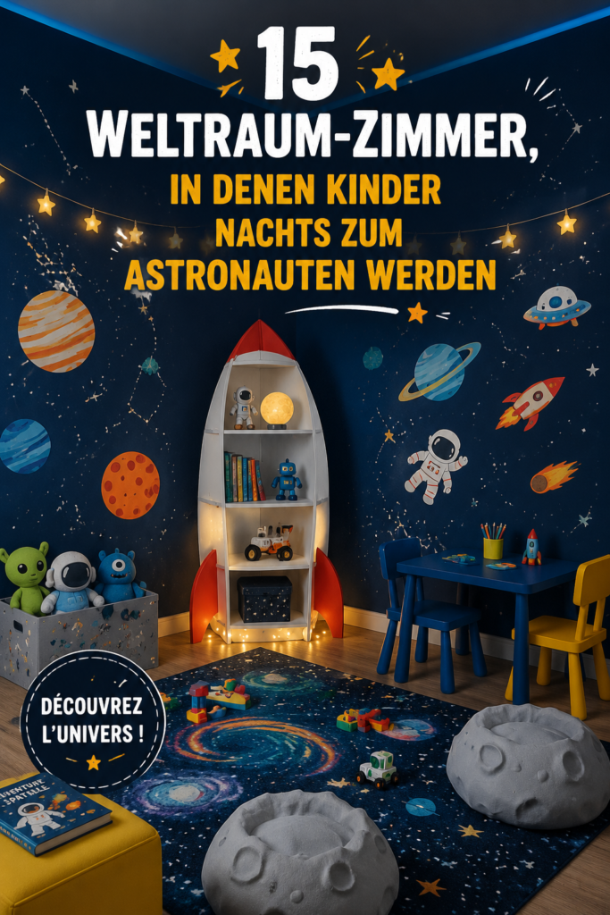 Une chambre d'enfant décorée sur le thème de l'espace avec des étoiles et des planètes.