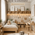 Chambre d’enfant moderne au style scandinave, avec mobilier en bois clair et textiles doux.
