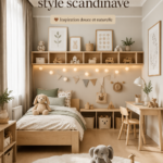 Chambre d’enfant moderne au style scandinave, avec mobilier en bois clair et textiles doux.