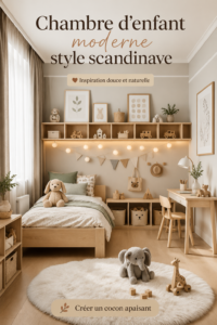 Chambre d’enfant moderne au style scandinave, avec mobilier en bois clair et textiles doux.