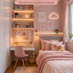 Chambre d'enfant rose avec un coin bureau astucieux