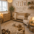 Une chambre de bébé décorée sur le thème safari avec des couleurs douces et des motifs animaliers.