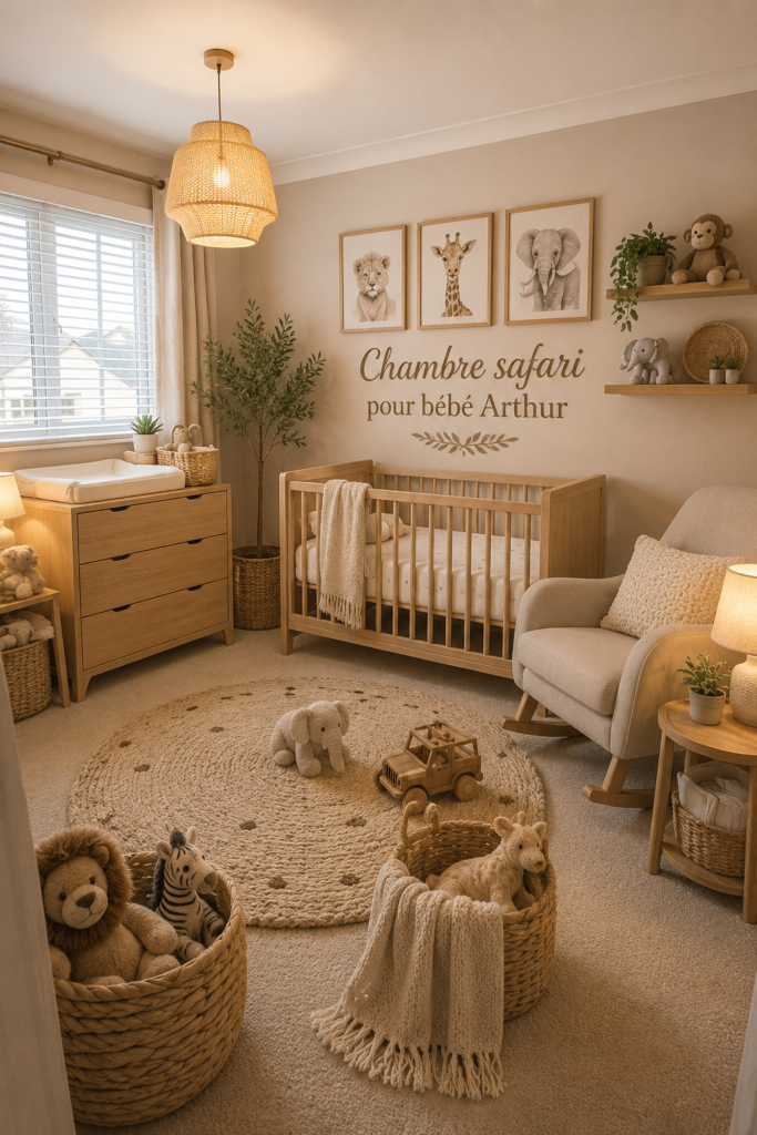 Une chambre de bébé décorée sur le thème safari avec des couleurs douces et des motifs animaliers.