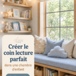 Un coin lecture cosy et coloré dans une chambre d'enfants avec des coussins et des livres.