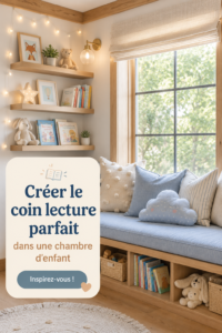 Un coin lecture cosy et coloré dans une chambre d'enfants avec des coussins et des livres.