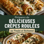 Crêpes roulées au poulet et béchamel prêtes à être servies.