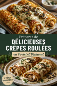 Crêpes roulées au poulet et béchamel prêtes à être servies.
