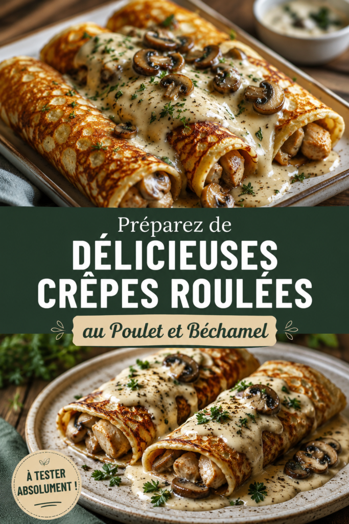 Crêpes roulées au poulet et béchamel prêtes à être servies.