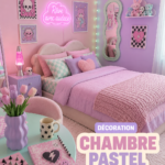 Chambre décorée dans un style pastel punk avec des couleurs douces et des touches audacieuses